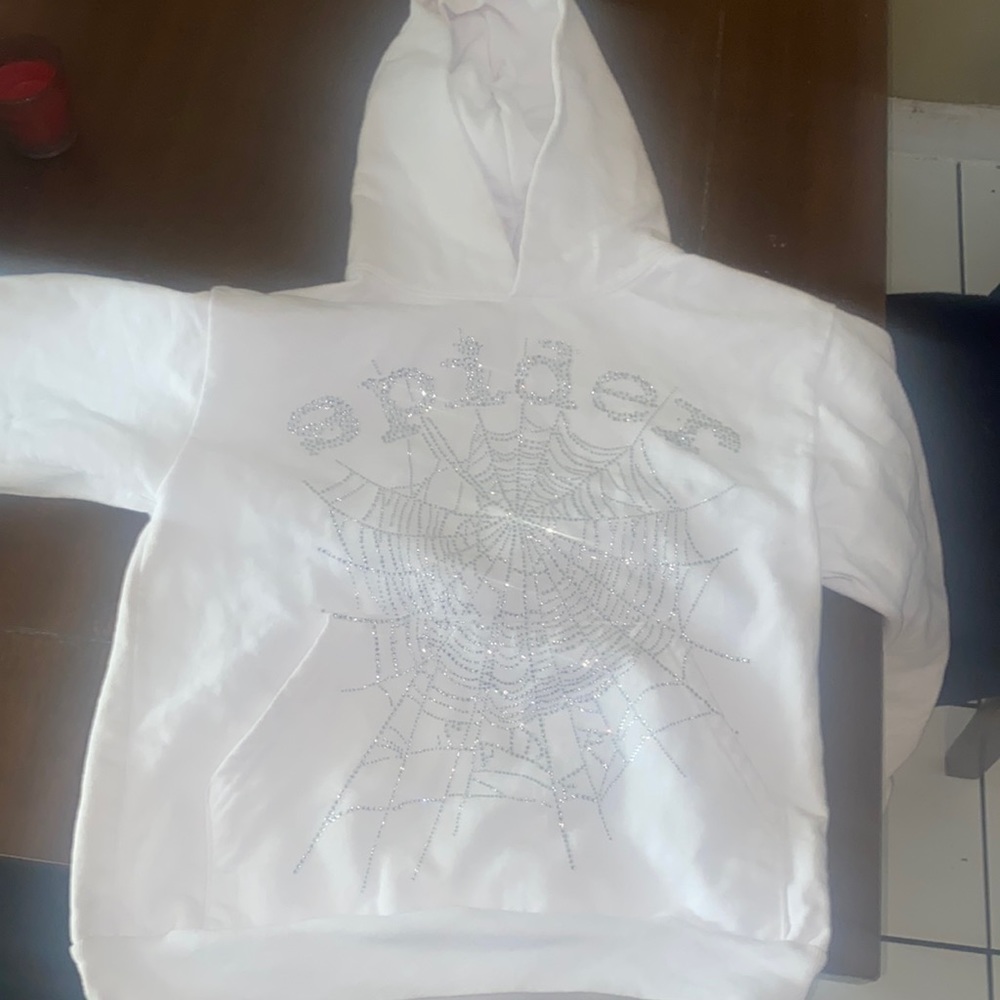 Sp5der OG Rhinestone Logo Hoodie White
